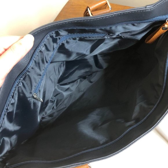 NWOT! Navy Blue & Brown Faux Leather Tote Bag w/ Matching Wallet - Picture 3 of 4